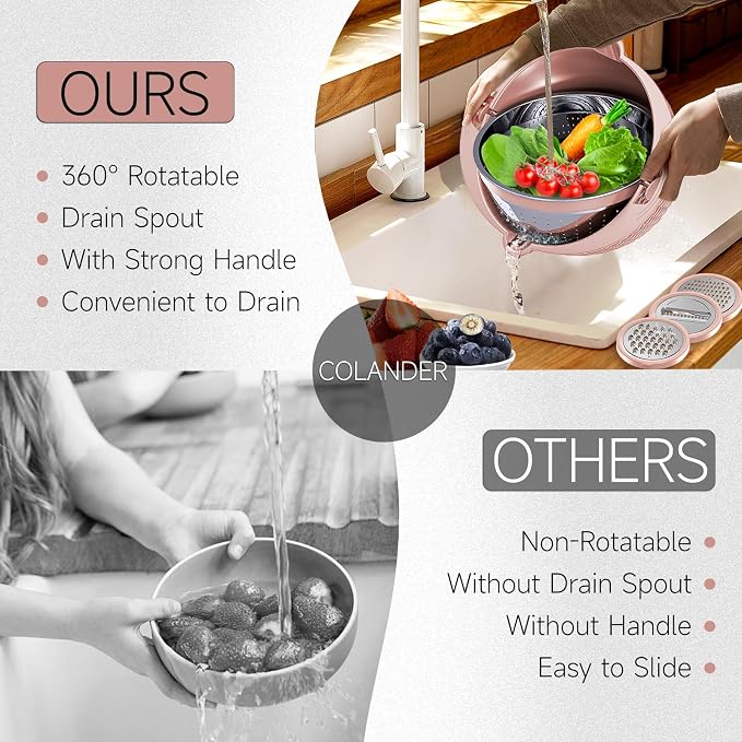 4-1 Colander with Bowl & Spoons Set - Food Strainer with New Upgraded Graters & Spoons - Colanders for kitchen(Patented) - Strainer for Fruit Pasta Veggie, Funny Presents for Women, Pink