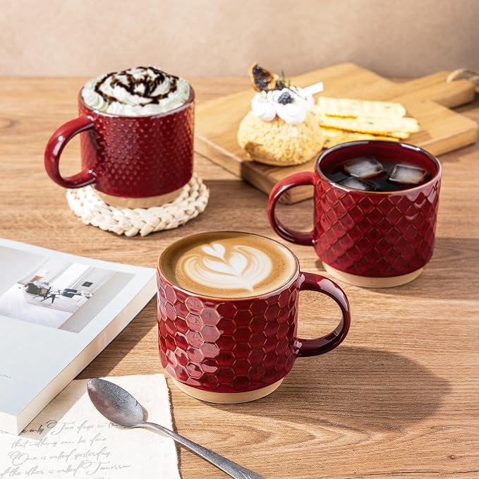 GBhome 15 OZ Stackable Coffee Mugs Set of 4, Ceramic Coffee Cups Set | 4 Assorted Designs, Embossed Mugs with Texture Patterns for Tea/Coffee, Dishwasher&Microwave Safe, Burgundy