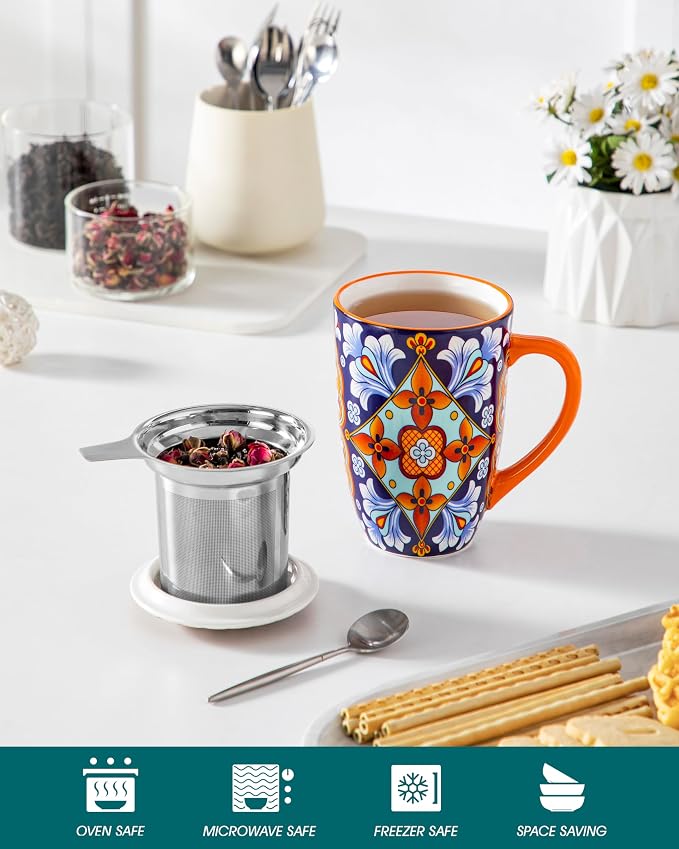vancasso Ceramic Tea Mug with Infuser and Lid, 18 Ounce Bohemian Loose Leaf Cup, Microwave & Dishwasher Safe, Perfect for Tea, Coffee, Navy-Burnt Baroque