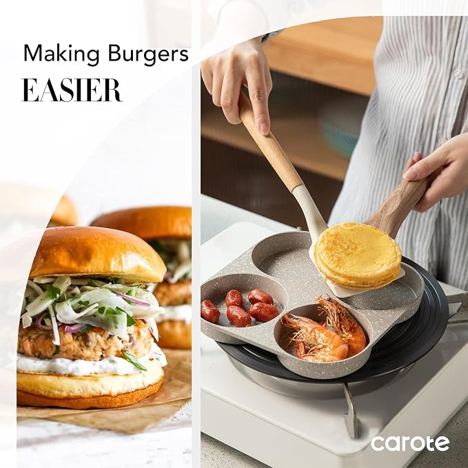 CAROTE Egg Pan Omelette Pan, 4-Cup Nonstick Granite, Cream White | Kitchen Non-Toxic PFOA Free Pancake Pan, Suitable for Gas Stove & Induction Cookware
