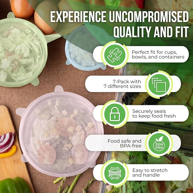 Reusable Silicone Stretch Lids for Food Storage in Fridge - Elastic Heat-Resistant Bowl Covers, Cups, Cans, Jars - Universal Food Grade Lid for Round and Rectangle Containers - 7 Pack - Colorful