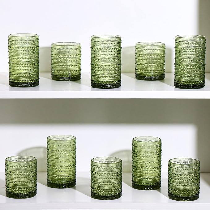 Moretoes Green Hobnail Drinking Glasses Set of 6,Glass Cups | 12 Oz Highball Glasses & 10 Oz Cocktail Glasses, Kitchen Bar Tumbler Glassware Set for Whiskey, Beer, Juice, Milk