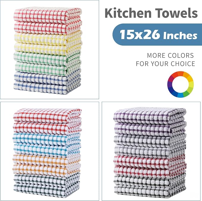 Cotton Kitchen Towels 8 Pack, 15x26 Checkered Dish Towels | Highly absorbent terry cloth towels for drying dishes, wiping spills, and kitchen cleaning. Machine washable and quick dry