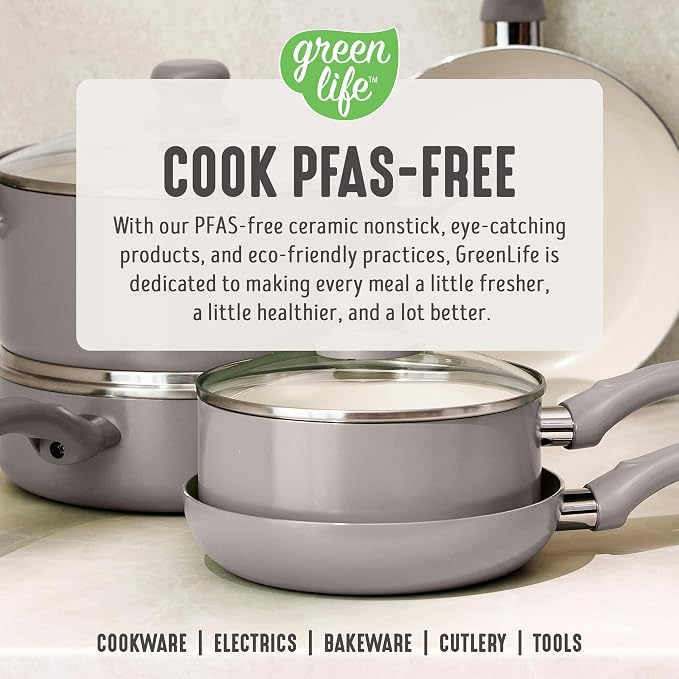 GreenLife 5QT Ceramic Nonstick Stockpot with Lid, Light Gray | PFAS-Free Nonstick Coating, Casserole Pot, Soup Pot, Pasta Pot, Induction Ready, All Stovetop Compatible, Dishwasher Safe