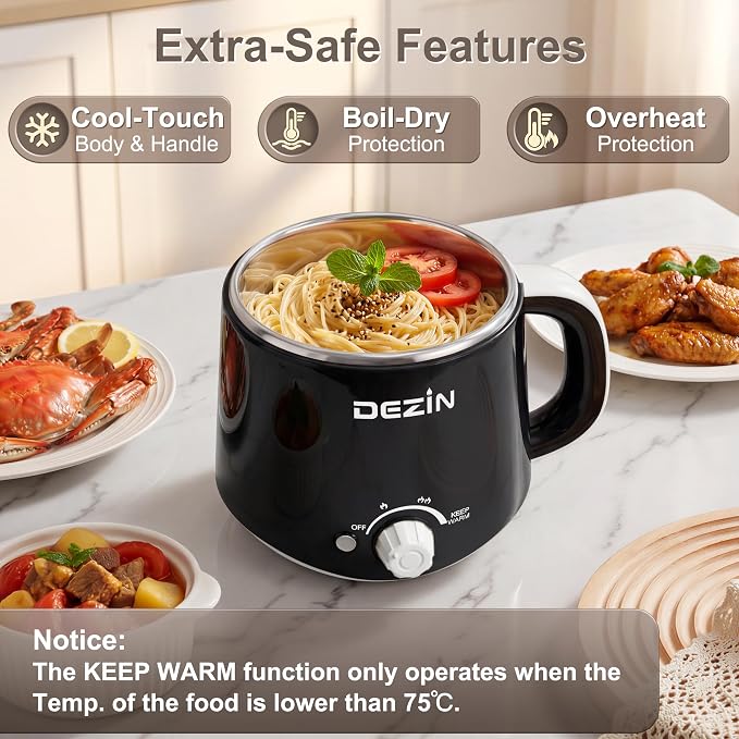 Dezin 1.6L Hot Pot Electric, Stainless Steel Electric Pot with Dual Power | Keep Warm, Noodles Cooker, for Egg, Pasta, Soup, Porridge & Oatmeal, Overheat & Boil-Dry Protection, Ideal for Dorm & Office