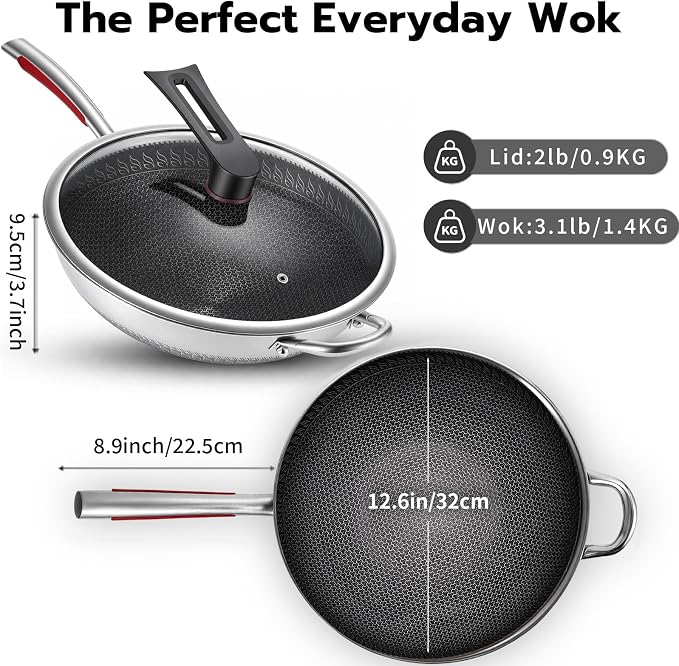12.6-Inch Stainless Steel Wok Pan with Glass Lid - Tri-Ply Nonstick Wok & Stir-Fry Pan, PFOA Free Uncoated Cookware for All Cooktops, Induction Compatible, Flat Bottom