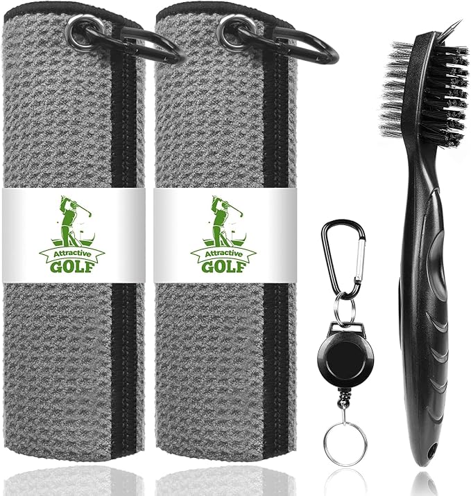2 Pack Golf Towels with Club Brush, Microfiber Waffle Cleaning Set | Waffle pattern microfiber for strong water absorption, cleans clubs & balls, 2 towels + 1 brush, ideal for golfers