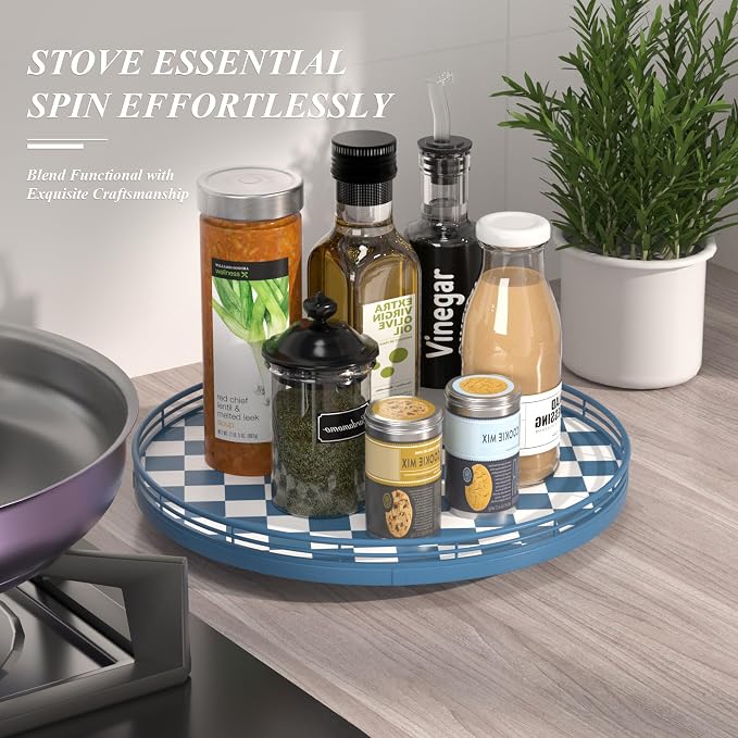 Blue and White Checkerboard Lazy Susan with Rubberwood Base and Metal Rail | Smooth rotating oak tray with walnut finish for dining tables, kitchen counters, pantries and cabinet storage.