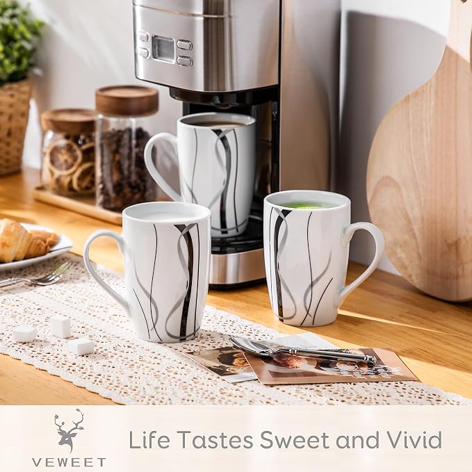 VEWEET Large Coffee Mugs Set of 6, 16 OZ White Cups Set Ceramic, Fiona | Large Coffee Mugs Set of 6 with Handle, Microwave and Dishwasher Safe White Ceramic, Easy Grip for Tea, Coffee