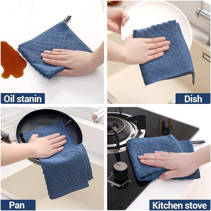 Homaxy 100% Cotton Terry Dish Cloths, 12"x12", 8-Pack, Navy Blue | Ultra Soft Absorbent Dish Towels with Hanging Loop, Pineapple Grid Designed