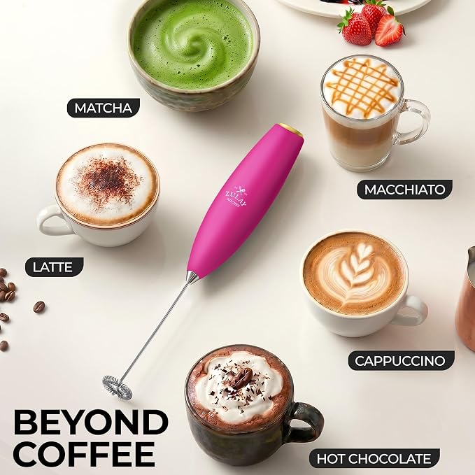 Zulay Powerful Milk Frother for Coffee with Upgraded Titanium Motor - Handheld Electric Whisk, Milk Foamer, Mini Mixer & Coffee Blender for Frappe, Latte, Matcha, No Stand - Hot Pink