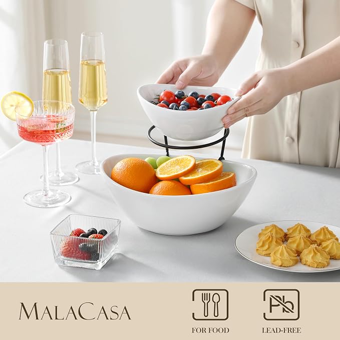 MALACASA 2 Tier Chip and Dip Serving Set with Metal Stand,Ceramic Appetizer Bowls for Party, Multi-Use Food Display for Fruits, Snacks,White Elegant Tiered Serving Dishes for Party