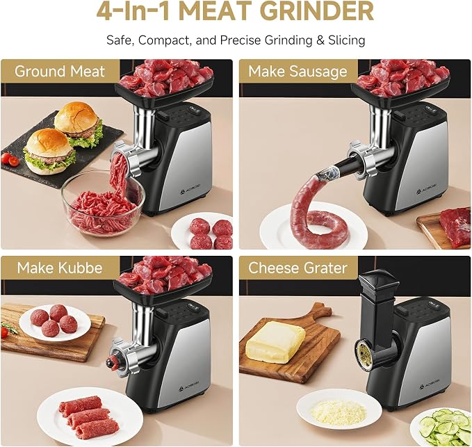 AAOBOSI Meat Grinder, 4-In-1 Meat Grinder Electric [2800W Max] with 3 Slice, Shred Blades,2 Blades,3 Plates,Sausage Stuffer,Kubbe Kit, for Home Kitchen Use, Stainless Steel