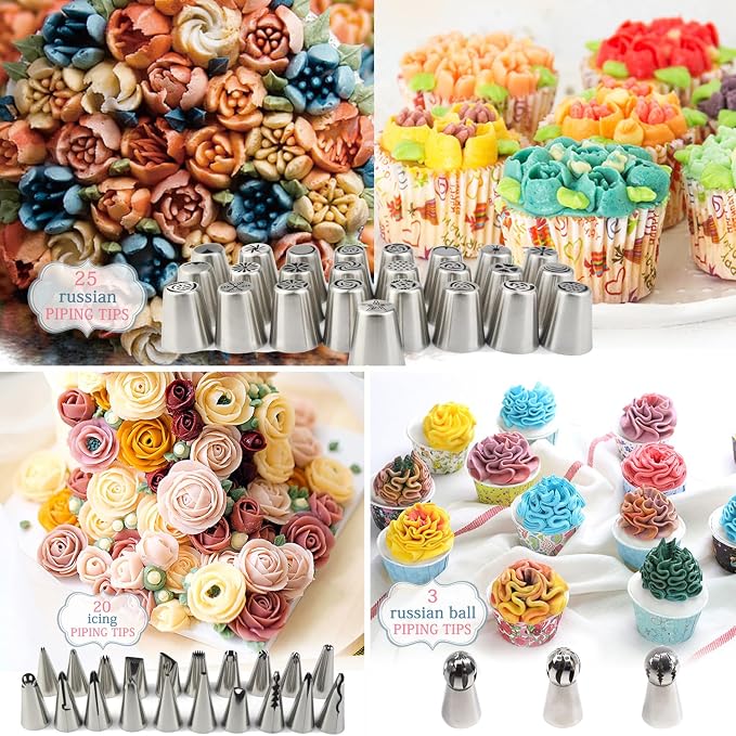 Russian Piping Tips for Cake Decorating – 88Pcs Flower Icing & Frosting Nozzles Set – Complete Pastry Baking Tools Kit – Small & Large Floral Piping Tips for Cupcakes, Cookies & Professional Bakers