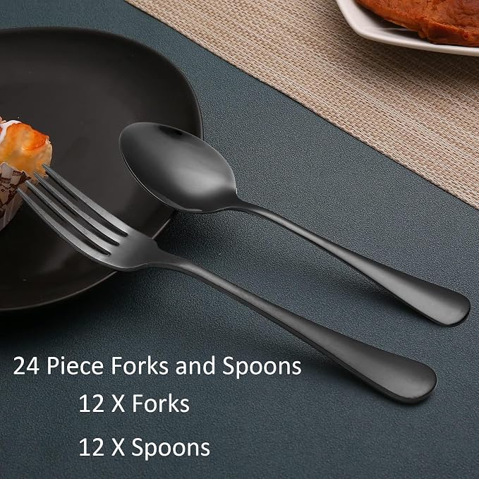 24 Piece Black Forks and Spoons Silverware Set for 12, Food Grade Stainless Steel Dinner Forks and Spoons(6.7 Inch) Black Silverware Set, Heavy-Duty Cutlery Set, Dishwasher Safe