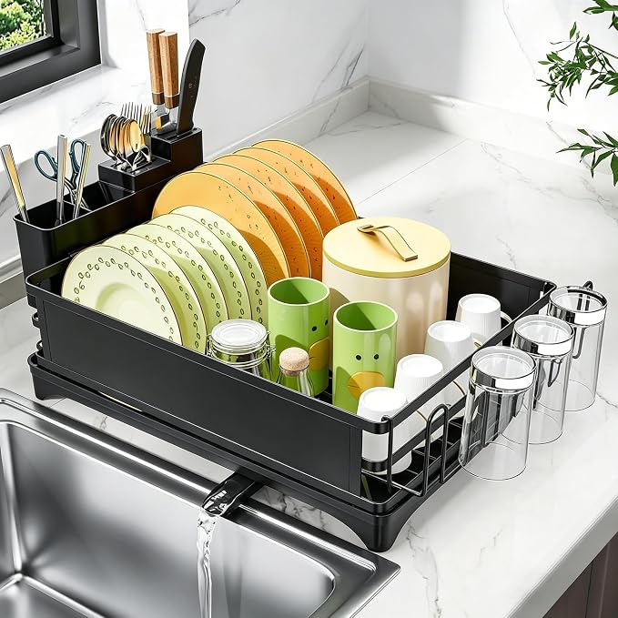 Simple Trending Dish Drying Rack for Kitchen Counter, 11.7" x 16.5", Black | Stainless Steel Dish Rack for Kitchen Counter, Dish Drainer with Cutlery & Cup Holders, Anti-Rust, Counter Space Saving