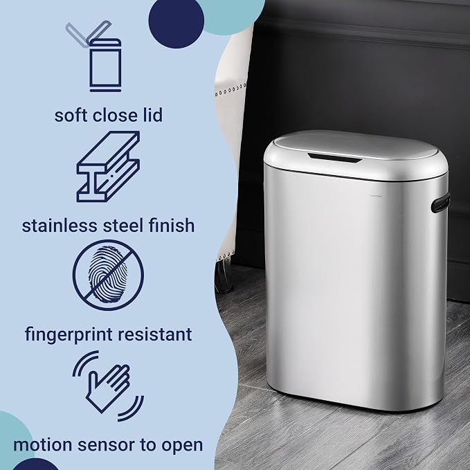 happimess 13.2 Gal Oval Motion Sensor Trash Can, Platinum Silver | Oval, Motion Sensor, Touch Mode, Fingerprint Resistant, Stainless Steel, Soft Close Lid, 17.7" W x 9.84" D x 24.2" H
