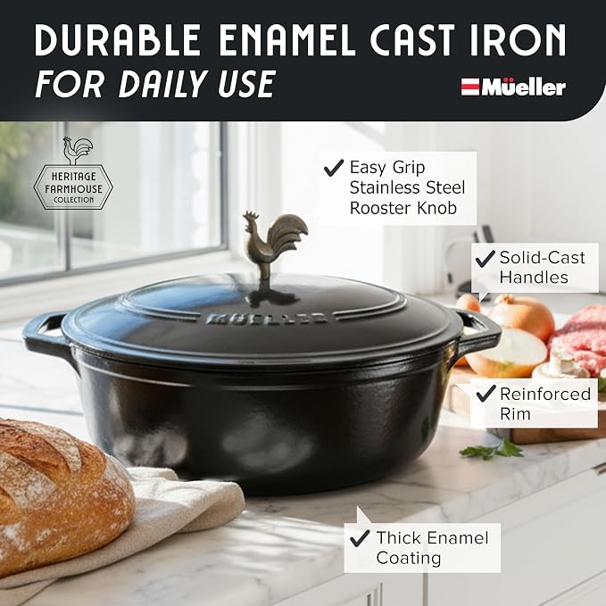 MUELLER HOME 5.5 Quart Enameled Cast Iron Oval Dutch Oven with Rooster Knob & Cotton Potholders, Heavy-Duty Cookware, Oven-Safe up to 500° F & Across All Cooktops, Gifts for Grandma & Women, Black | Rooster Knob, Cotton Potholders Included, Oven-Safe u...
