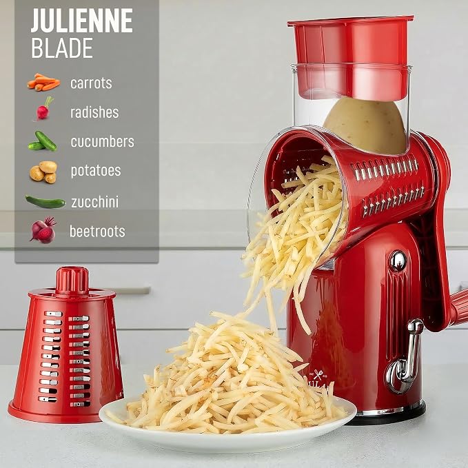 Zulay Kitchen Rotary Cheese Grater 5 Blade Cheese Shredder - Manual Hand Crank Cheese Grater With Reinforced Suction & 5 Interchangeable Drums - Easy to Use, Vegetable Chopper Round Mandoline Slicer