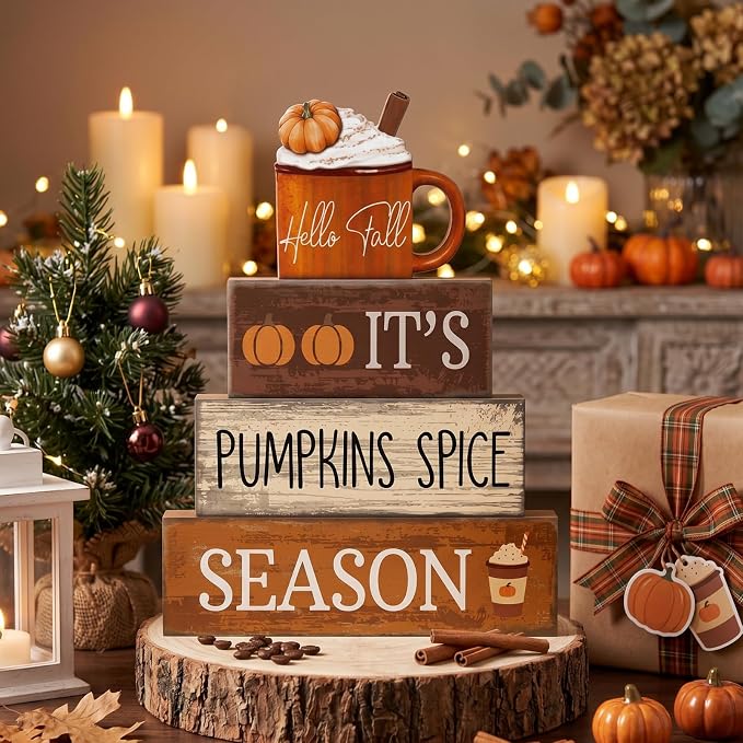 Lineshading 4 Pcs Wooden Fall Block Signs Pumpkin Spice Tabletop Decor | Rustic Farmhouse Stackable Design, Tiered Tray Displays, Coffee Table Centerpiece, Thanksgiving Seasonal Home Decor