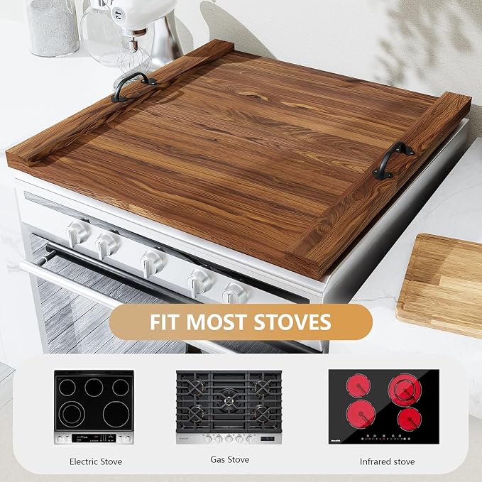 Noodle Board Stove Cover 29.5x22" with Handle Wooden Stove Top Cover Board for Electric Gas Stove Burner, Glass Range Stovetop Cover