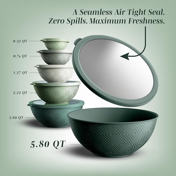 COOK WITH COLOR Mixing Bowls with Lids - 12 Piece Plastic Nesting Bowls Set includes 6 Prep Bowls and 6 Lids, Microwave Safe Mixing Bowl Set, Sage Rhombus