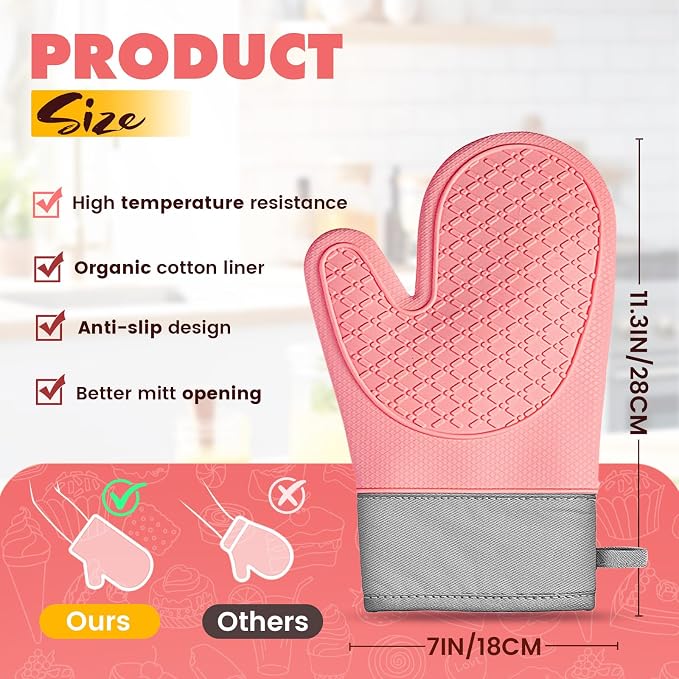 Silicone Oven Mitts (2 PCS), Waterproof Non Slip Grip Oven Gloves with Thick Soft Cotton Lining, Universal Fit Heat Resistant Kitchen Gloves for Baking, BBQ, Cooking and Grilling-Pink