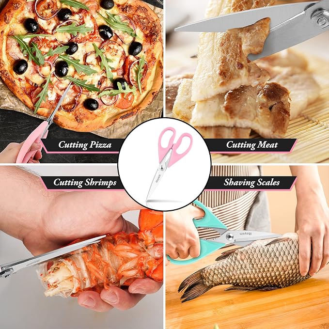 iBayam Pastel Kitchen Scissors All Purpose Heavy Duty & Cover, Pink/Purple | Dishwasher Safe, Comfort Grip, 8.7" Stainless Steel Sharp Food Scissors Poultry Shears Kitchen Utensils Accessories, 2-Pack
