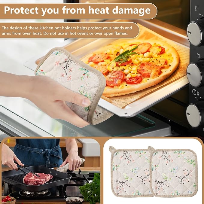 6-Pack Pot Holders for Kitchen, 7.1in/18cm Heat-Resistant Hot Pads with Floral Design, Reusable Kitchen Mats, Pot Rack Set Suitable for Baking (Khaki Floral Print)