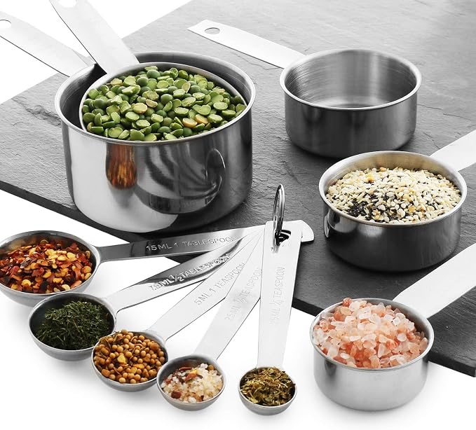 Laxinis World Stainless Steel Measuring Cups and Spoons Set, 10-Piece | Satin-brushed Steel, Engraved Metric and US Standard Markings, Elongated Handles, Nesting Ring Storage, and Dishwasher Safe