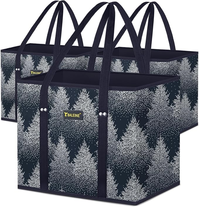 BALEINE 3PK Reusable Grocery Bags, Heavy Duty Shopping Tote Bag | 12'' Long Handles, Reinforced Bottom Keeps Upright, Fold Flat Storage, Water-Resistant Shopping Bag, Multiple Color Options
