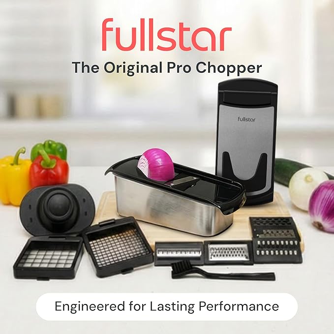 Fullstar Pro Original Vegetable Chopper & Mandoline Slicer Kitchen Gadget | 14 in 1 Veggie Slicer, Onion & Fruit Cutter with Sharp Stainless Steel Blades & Container (Stainless Steel)