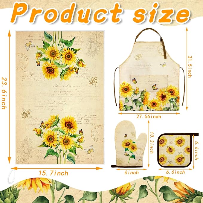 7 Pcs Sunflower Kitchen Linen Set Includes Apron 2 Towels Oven Mitt 2 Pot Holders Cottage core Kitchen Decor Gift