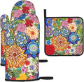 Boho Floral Oven Mitts and Pot Holders Sets of 3, Colorful Flowers Heat Resistant Kitchen Gloves Hot Pads, Chef Baking Gifts for Baker Women Mom Wife, Spring Easter Kitchen Gifts for Cooking Lover