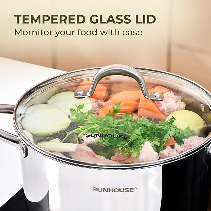 Sunhouse 6 QT Stainless Steel Stock Pot with Lid - Large Pot for Cooking | Stainless Steel Pot For Pasta, Soup, Spaghetti - Impact Bonding Base Big Pots for Canning, Boiling - Induction Compatible