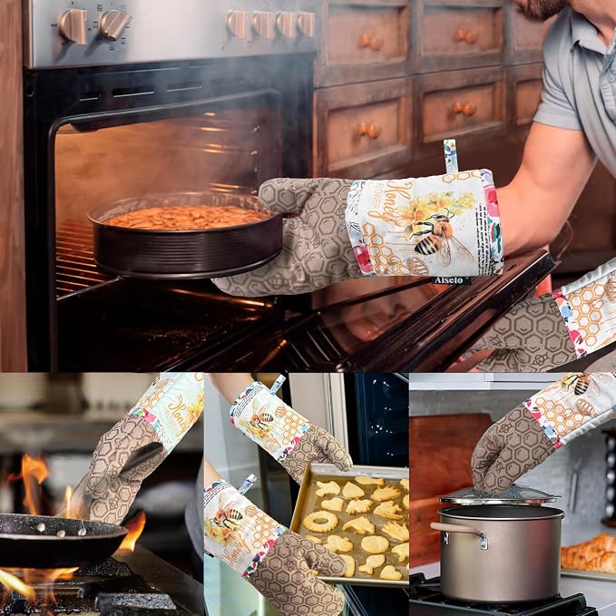 Alselo Oven Mitts 1 Pair, Silicone Printed Kitchen Mittens,7"x13.5" | Heat Resistant & Non-Slip Oven Gloves, Fashion Animal Design with Soft Quilted Cotton Lining for Baking Cooking BBQ (Khaki 2)