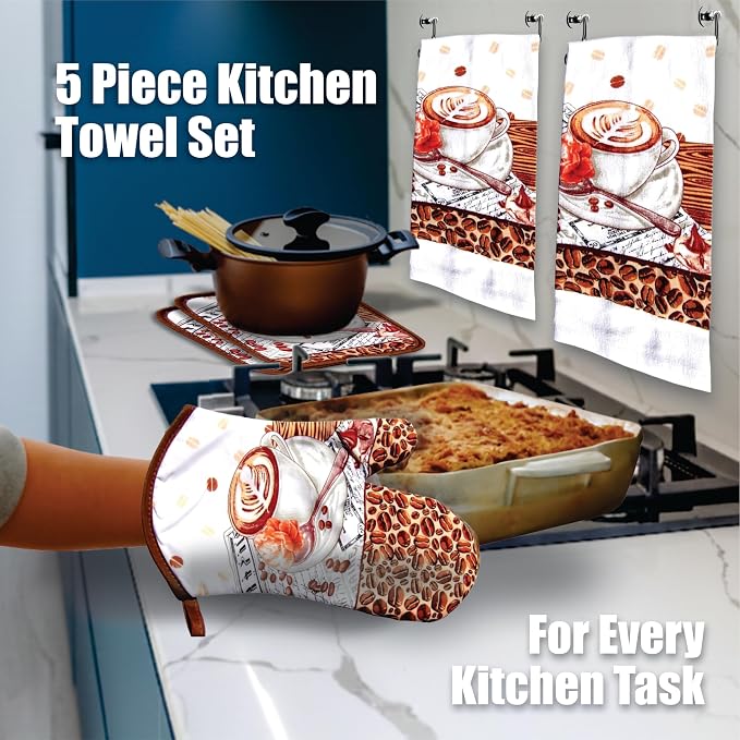 Café Latte 5 Piece Kitchen Towel Set | Kitchen Towel Set with 2 Decorative Dish Towels (25 X15), 1 Oven Mitt (11 X 7) and 2 Potholders (6.5 X 6.5)