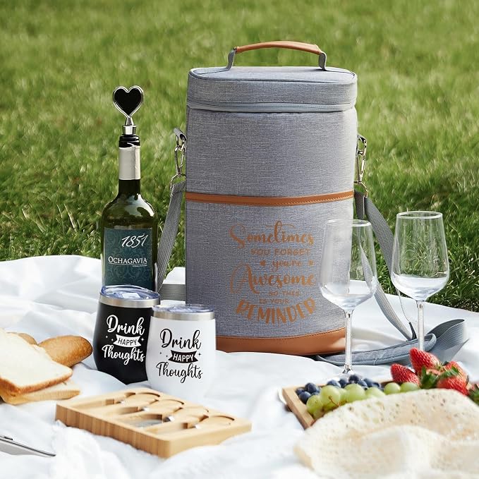 AW BRIDAL Birthday Gifts for Women Men, Drink Happy Thoughts Gift Basket for Housewarming and Beach Camping Travel, Insulated Wine Cooler Bag with Tumbler Mugs and Accessorie Set for Wine Lover Friend