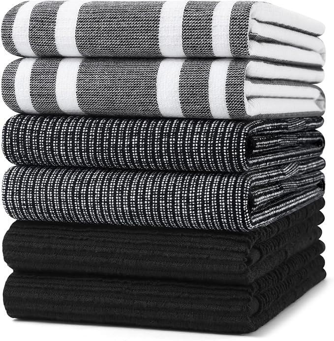 Homaxy Cotton 380 GSM Premium Kitchen Towels, 18"x 28", 6 Pack, Black | Soft and Absorbent Terry Dish Towels, Multipurpose Tea Towel Set with Hanging Loop, 3 Styles Kitchen Hand Towels