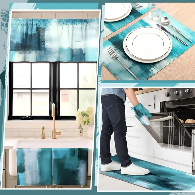 16 Pcs Turquoise Kitchen Decor and Accessories Set 4 Teal Abstract Area Kitchen Towels 2 Non Slip Rugs and Mats 2 Modern Grey Oven Mitts 2 Pot Holders 4 Placemats 2 Curtains for Home Decoration Gift