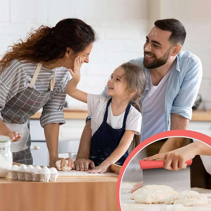 Upgraded 304 Stainless Steel Multi-Purpose Bench Scraper with Measurement Marks, Dishwasher Safe, Dough Cutter for Pizza, Bread and Cookie Dough Vegetable Chopper, Baking Supplies (Coral)