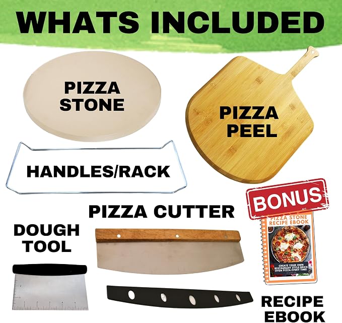Large Pizza Stone for Oven 16 inch - Round Pizza Stone for Grill with Handles, Wood Pizza Peel and Cutter Set - Baking Stone for Bread - Pizza Making Kit Accessories - Gifts for Food Lovers