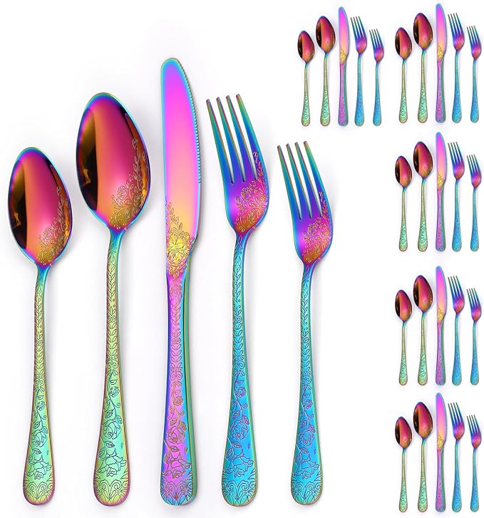 Embossed Flatware Set Rainbow 30 Piece Stainless Steel Silverware for 6 Cutlery with Floral Design Eating Utensils for Weddings Parties Festival and Restaurants Kitchen Daily Use