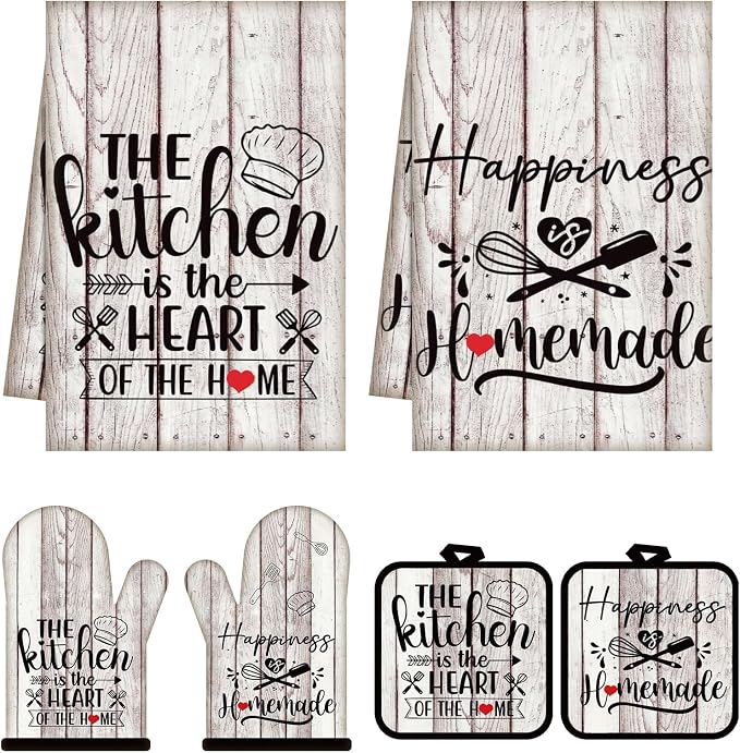 Sratte 6 Pcs Kitchen Decor Accessories Set, Kitchen, White Wood Grain | Farmhouse Kitchen Towels Pot Holders Oven Mitts Set 2 Dish Towels 2 Potholders 2 Cooking Mittens for Baking Cooking Supply