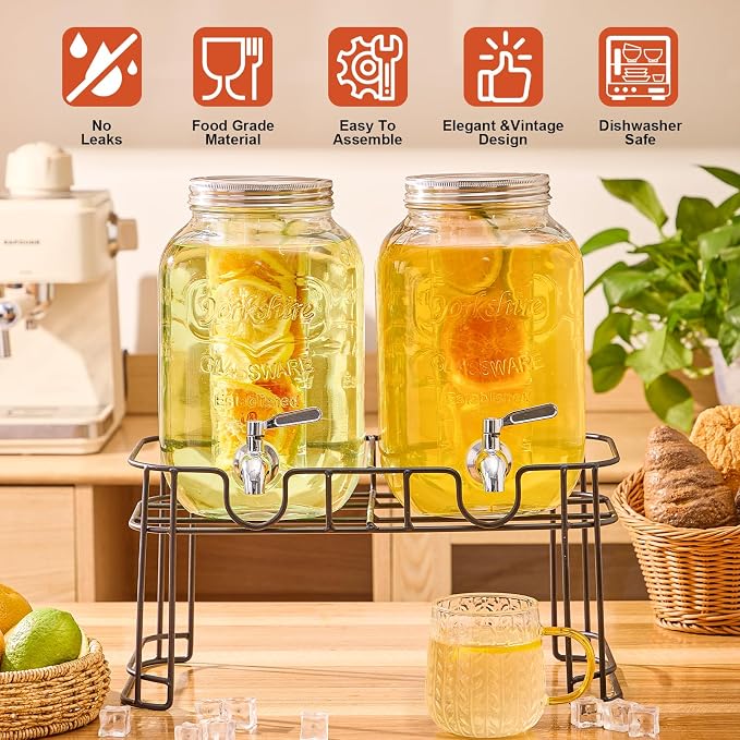 1 Gallon Glass Drink Dispensers for Parties, 2 Pack Beverage Dispenser with Stand, Fruit Infuser & Leakproof Stainless Steel Spigot, Juice Dispenser for Lemonade, Iced Tea, Sun Tea & Infused Water