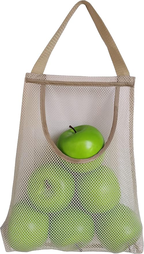 5 Pack Hanging Mesh Storage Bags Potatoes Bag Onion Mesh Garlic Net Long and Large Reusable Net Storage Produce Bags for Kitchen Reusable Grocery Bags (Top opening beige)