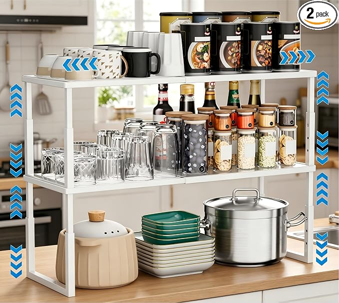 Cabinet Shelves, 2 Pack Stackable Shelves for Kitchen Storage | Expandable & Height Adjustable Cabinet Organizer Shelf | Metal Shelf Organizer | White Spice Rack for Pantry Storage