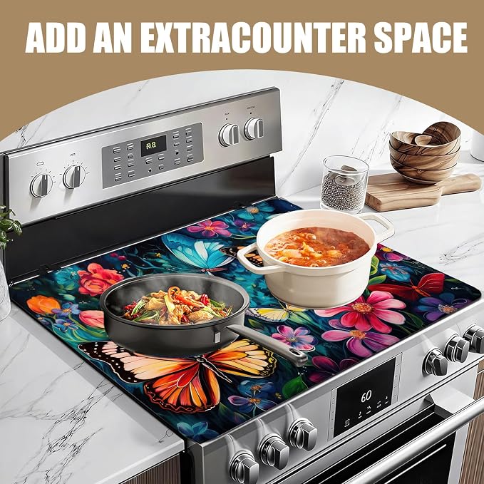 Watercolor Butterfly Floral Stove Top Covers for Electric Stove, Electric Gas Stove Pad Heat Resistant Range Cooktop Protector for Home Decor Kitchen 28"x20"