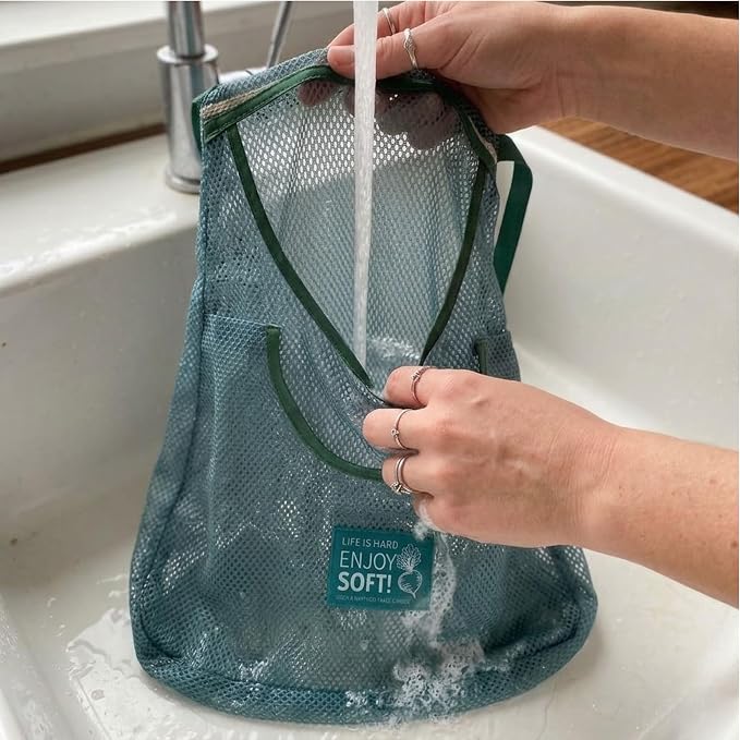 Durable Hanging Mesh Bags for Fruit & Vegetables. Reusable, Breathable Storage for Garlic, Potatoes & Pantry. Eco-Friendly Kitchen Organizer & Decor (1 normal blue bag & 1 extra large blue bag)
