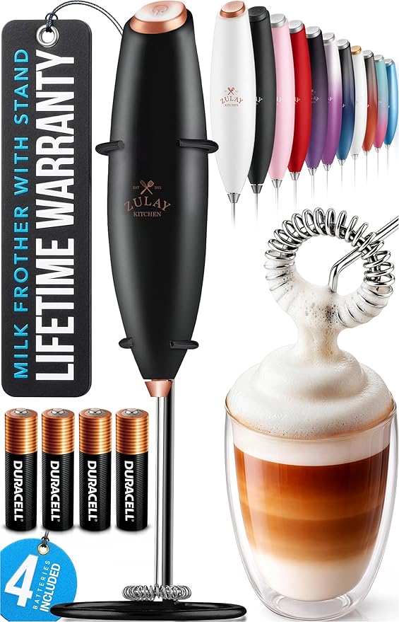 Zulay Kitchen Powerful Milk Frother Wand With Duracell Batteries - Ultra Fast Handheld Drink Mixer - Electric Whisk Foam Maker for Coffee, Lattes, Cappuccino & Matcha - Z1 Motor - Black & Copper
